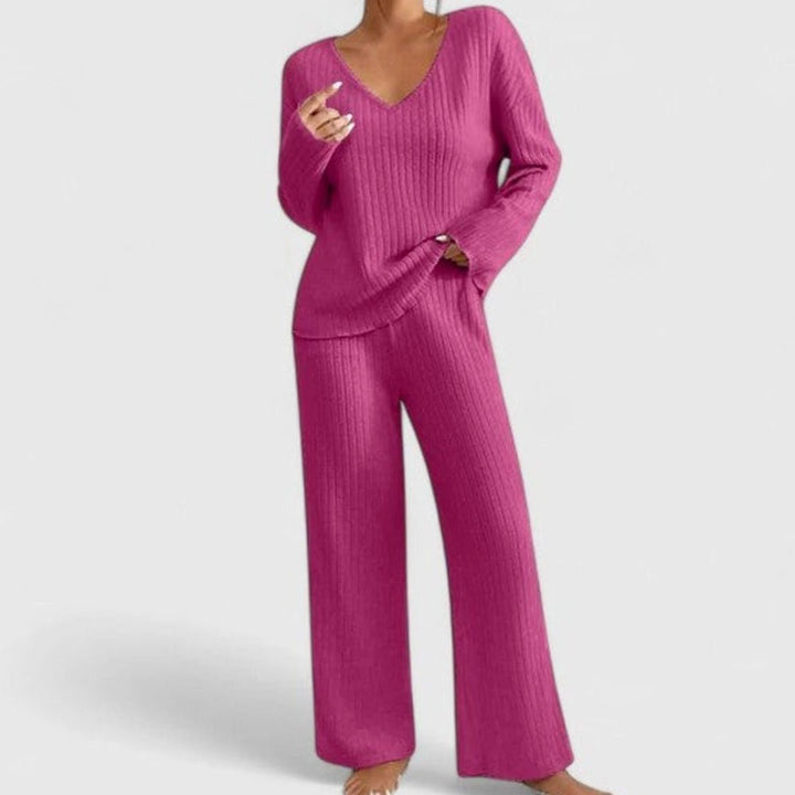 Damen Rippstrick-Lounge-Set V-Ausschnitt weite Hose - Rosa