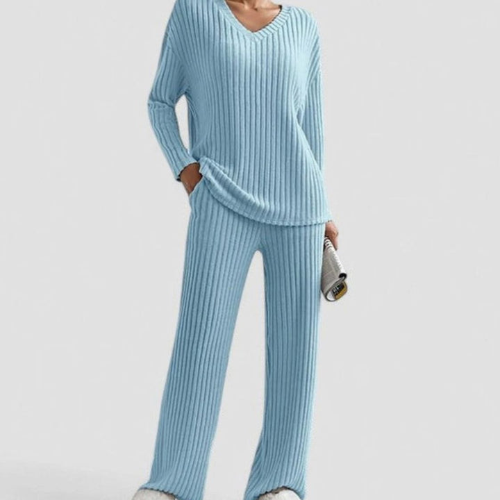 Damen Rippstrick-Lounge-Set V-Ausschnitt weite Hose - Himmelblau