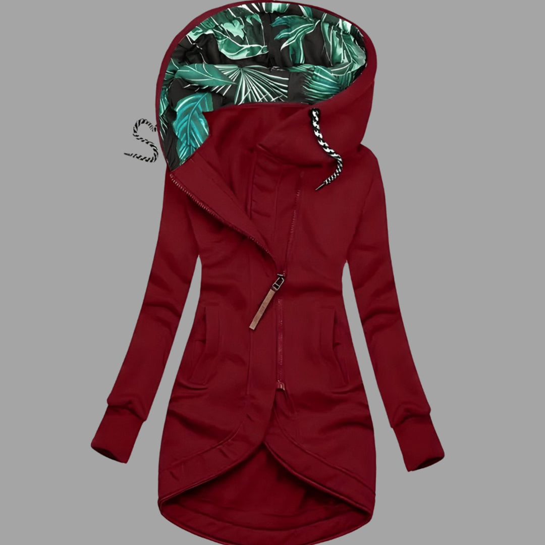 Damen Robuste Winter-Shelljacke Kapuze Reißverschluss Longform - Rot