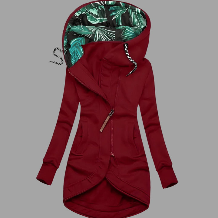 Damen Robuste Winter-Shelljacke Kapuze Reißverschluss Longform - Rot