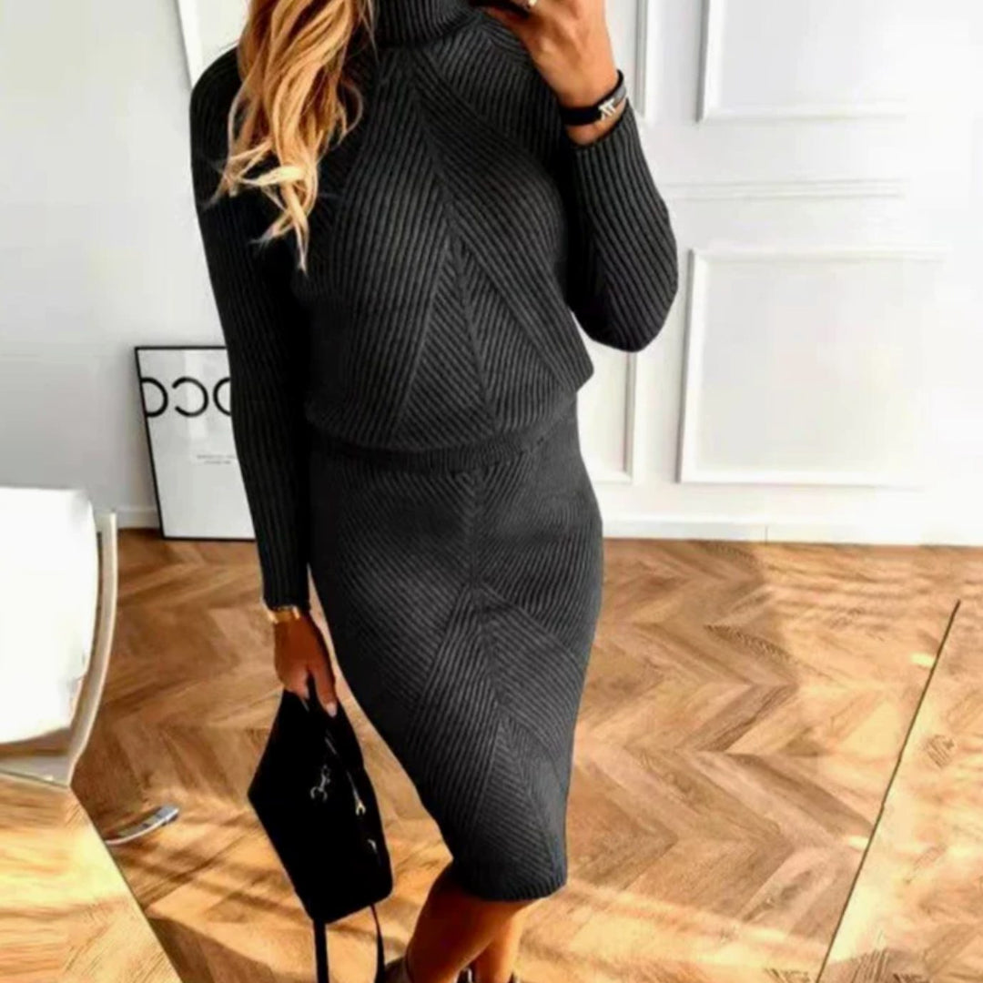 Damen Rollkragen Bequemes Midi-Sweaterkleid Langarm Strick - Schwarz