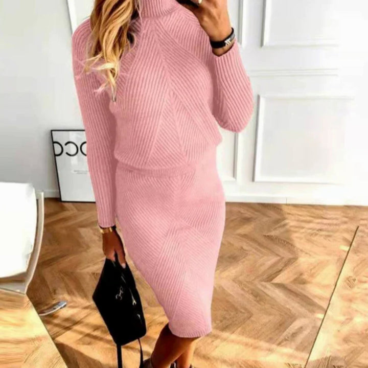 Damen Rollkragen Bequemes Midi-Sweaterkleid Langarm Strick - Rosa