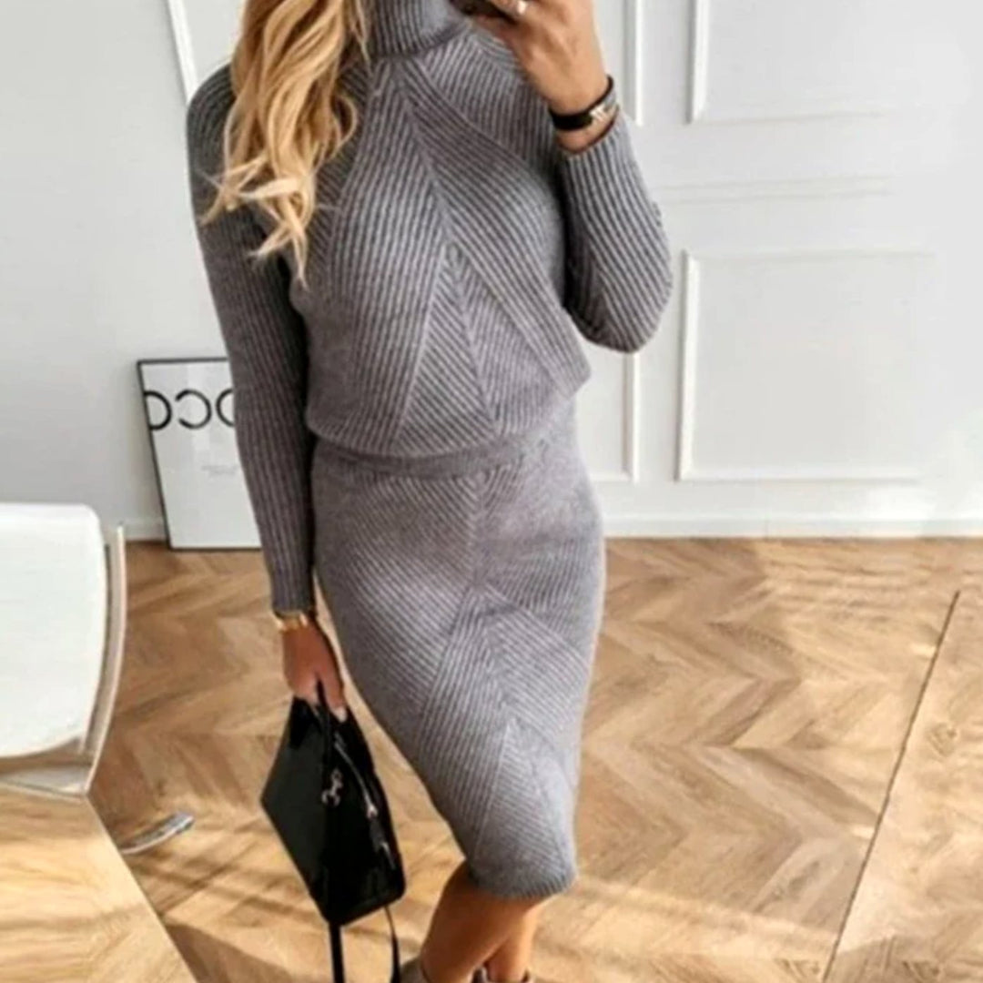 Damen Rollkragen Bequemes Midi-Sweaterkleid Langarm Strick - Grau