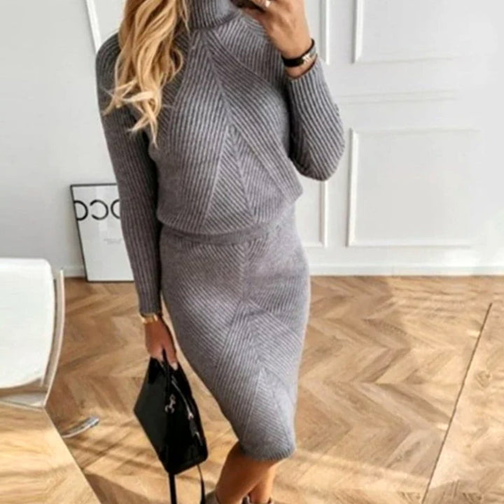 Damen Rollkragen Bequemes Midi-Sweaterkleid Langarm Strick - Grau