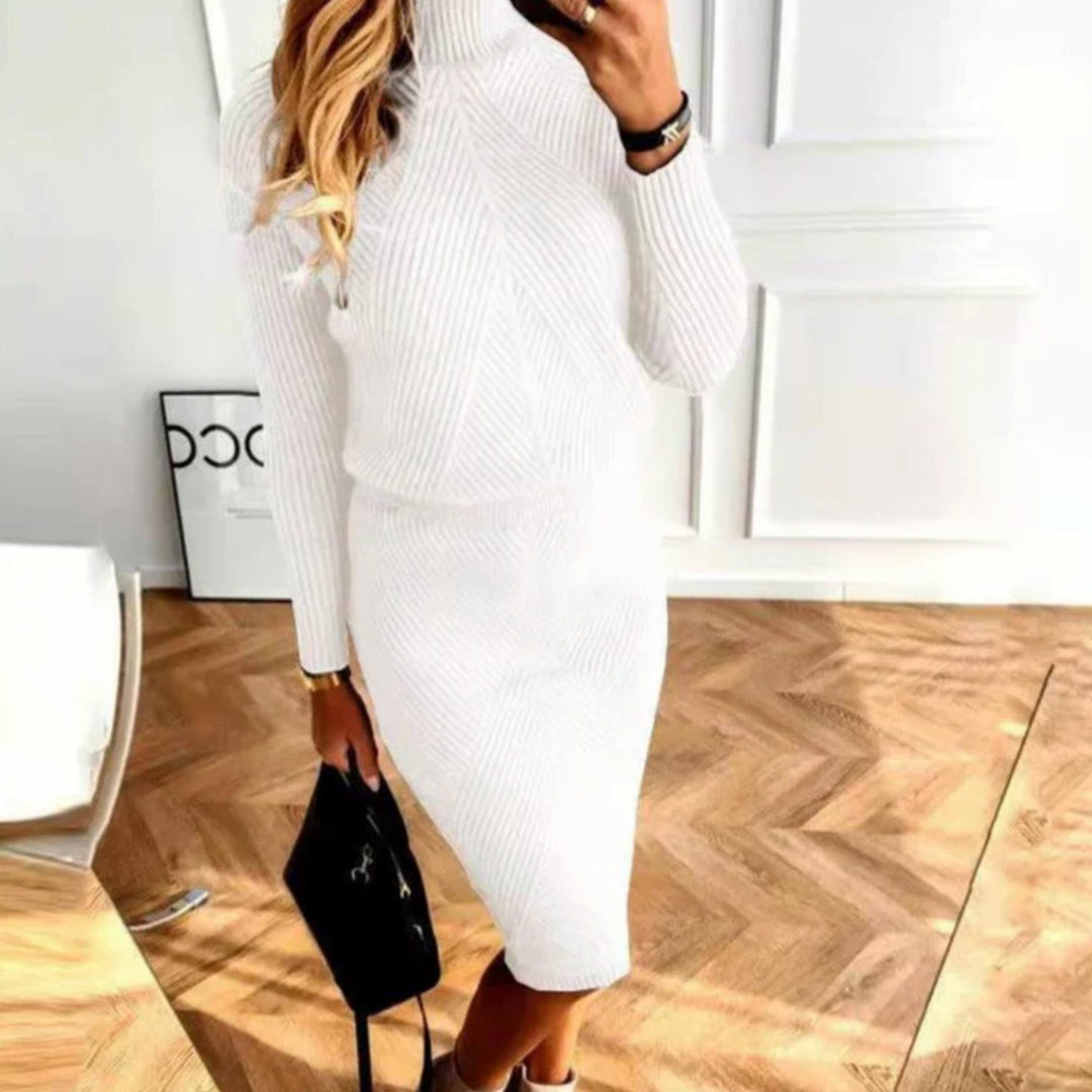 Damen Rollkragen Bequemes Midi-Sweaterkleid Langarm Strick - Weiß