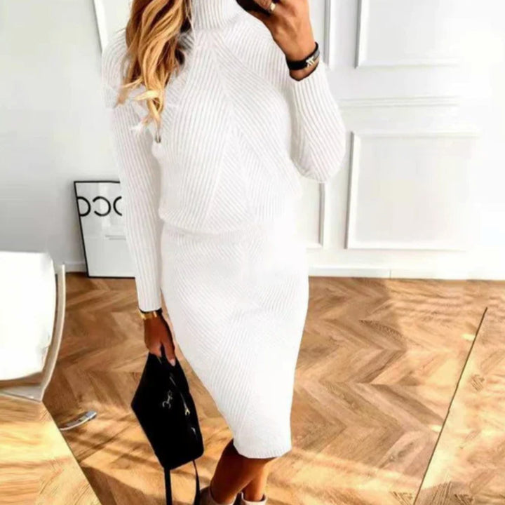 Damen Rollkragen Bequemes Midi-Sweaterkleid Langarm Strick - Weiß