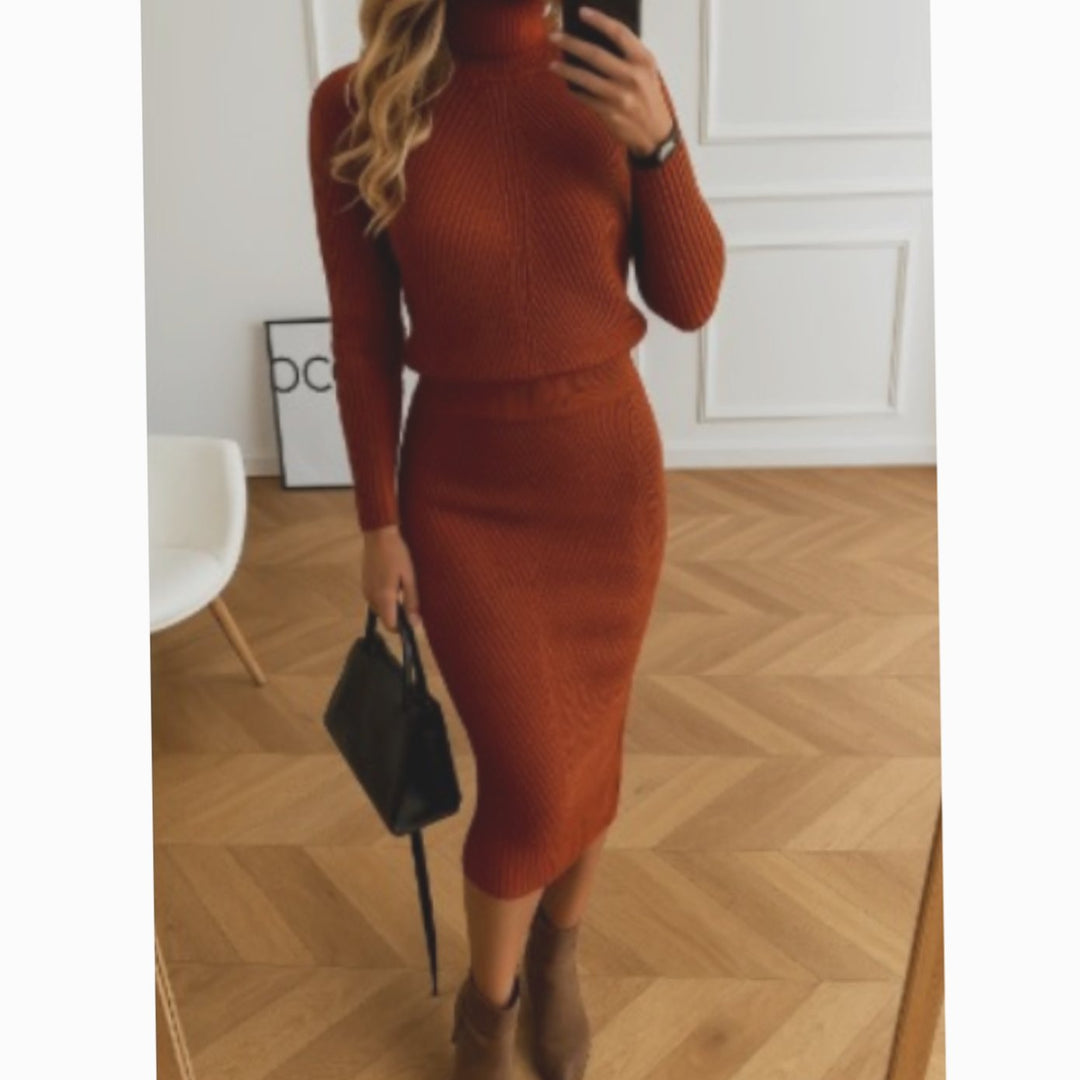 Damen Rollkragen Bequemes Midi-Sweaterkleid Langarm Strick