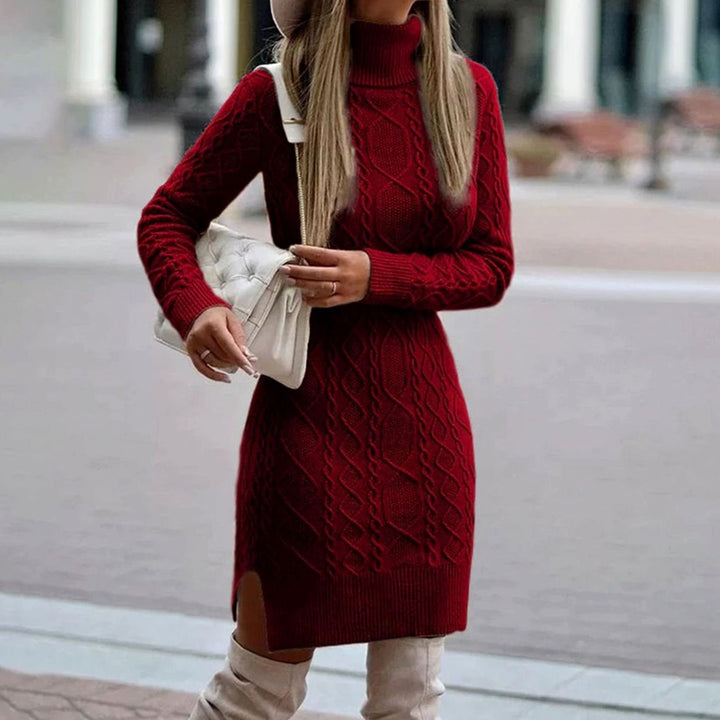 Damen Rollkragen-Strickkleid figurbetonter Passform Zopfmuster Midi - Burgund
