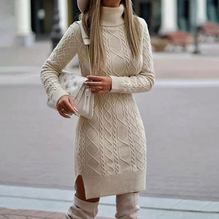 Damen Rollkragen-Strickkleid figurbetonter Passform Zopfmuster Midi - Beige
