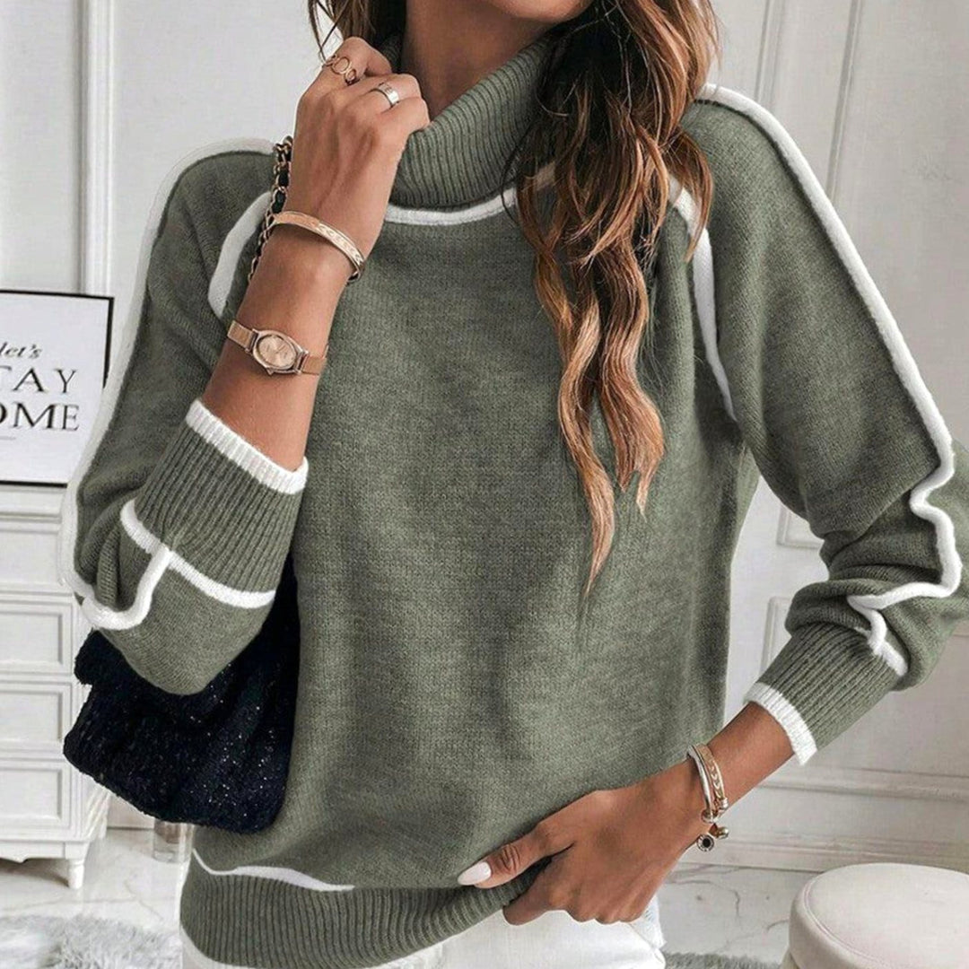 Damen Rollkragen-Strickpullover lockerer Passform kontraststreifen