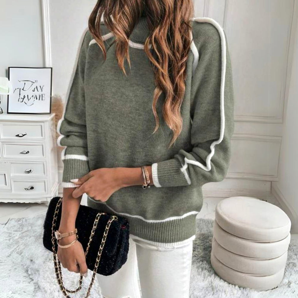 Damen Rollkragen-Strickpullover lockerer Passform kontraststreifen