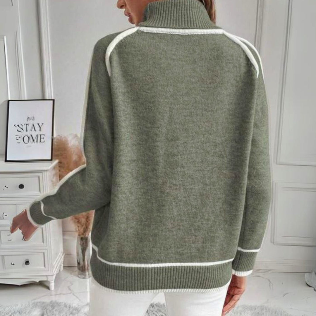 Damen Rollkragen-Strickpullover lockerer Passform kontraststreifen
