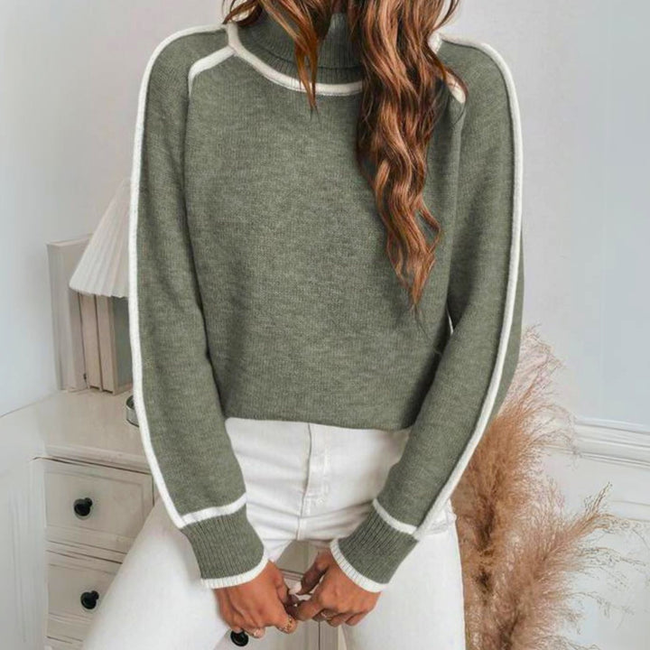 Damen Rollkragen-Strickpullover lockerer Passform kontraststreifen