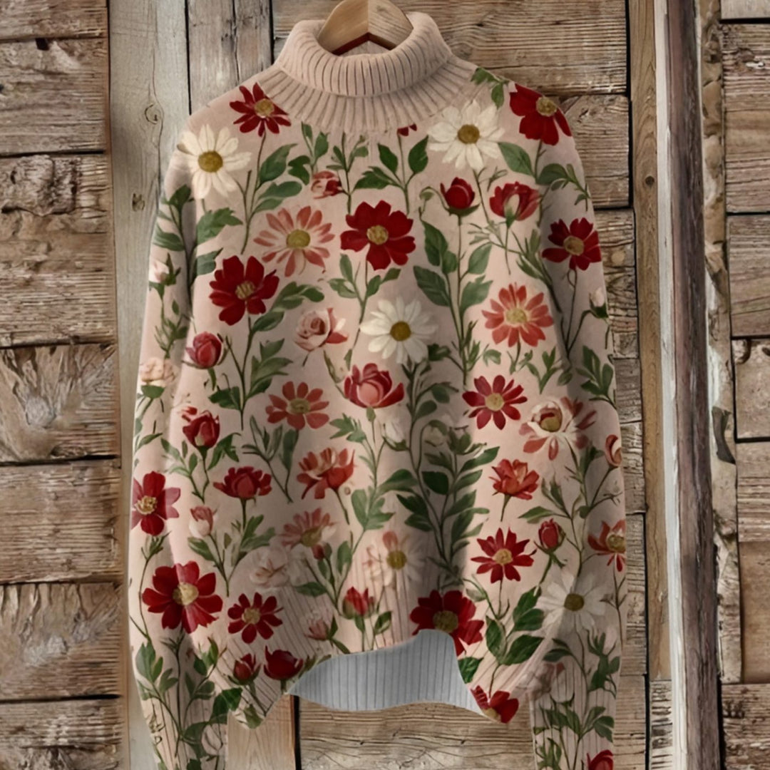 Damen Rollkragen-Strickpullover mit Blumenmuster Lockere Passform