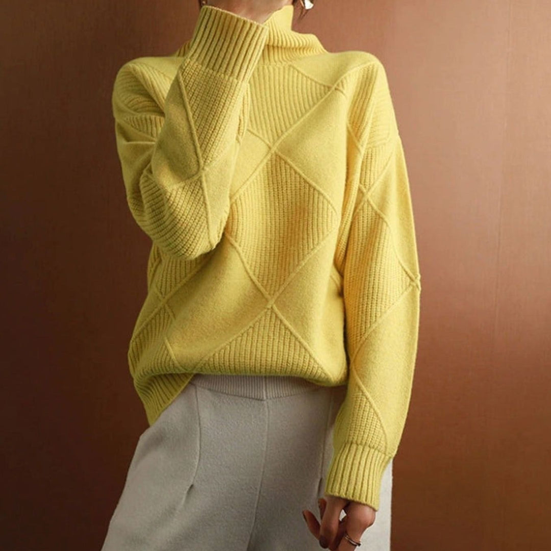 Damen Rollkragenpullover mit Zopfmuster weicher Strick - Gelb