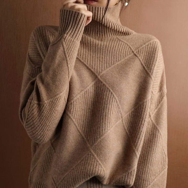 Damen Rollkragenpullover mit Zopfmuster weicher Strick - Braun