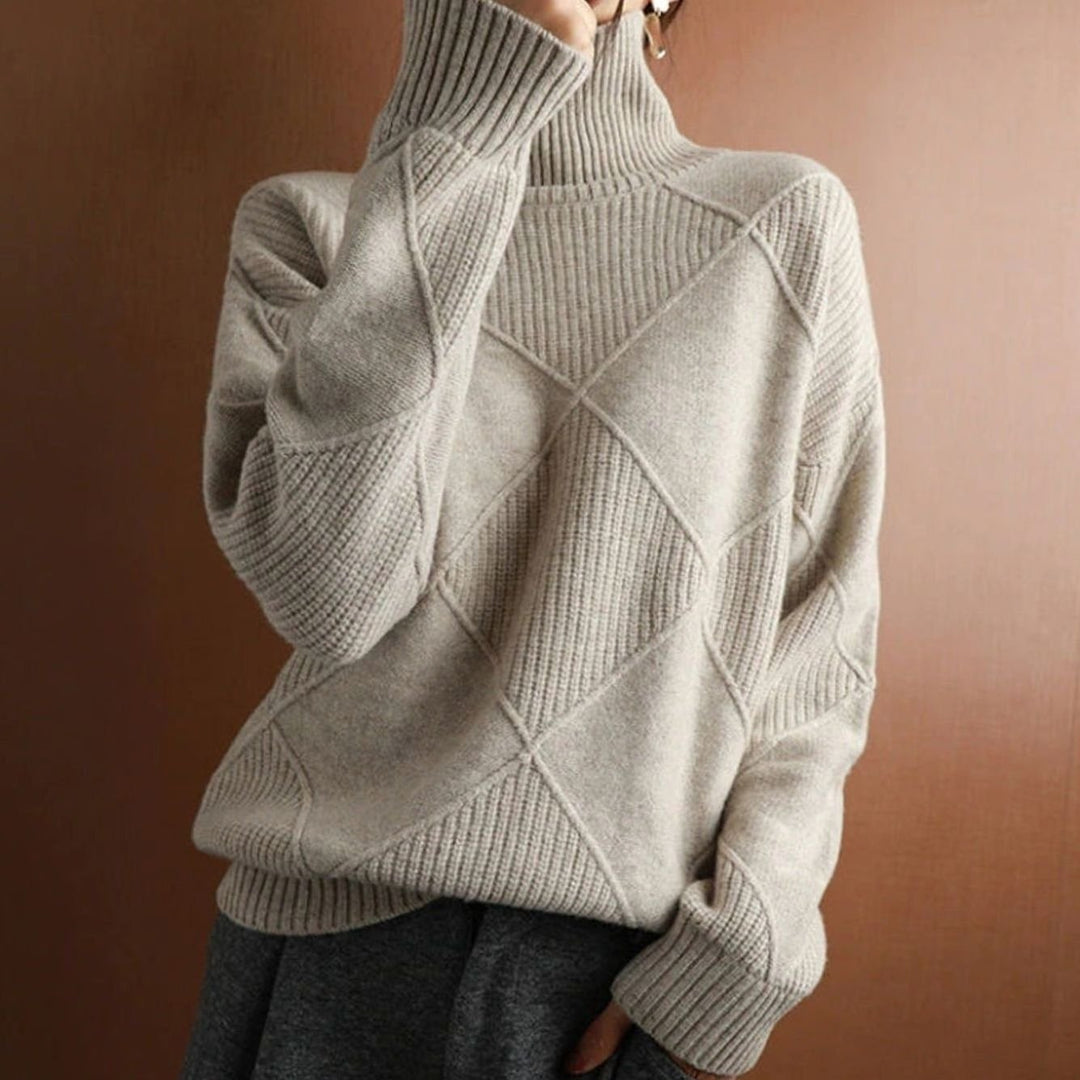 Damen Rollkragenpullover mit Zopfmuster weicher Strick - Khaki