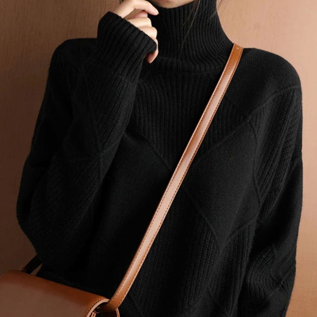 Damen Rollkragenpullover mit Zopfmuster weicher Strick - Schwarz