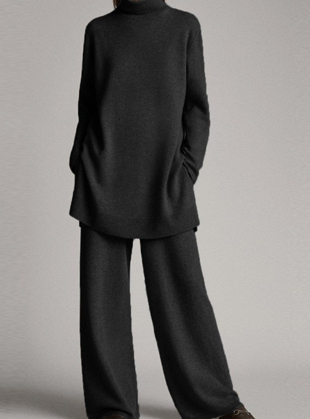 Damen Rollkragenpullover und Weitbein-Hosen-Set Oversized Strick-Zweiteiler - Schwarz