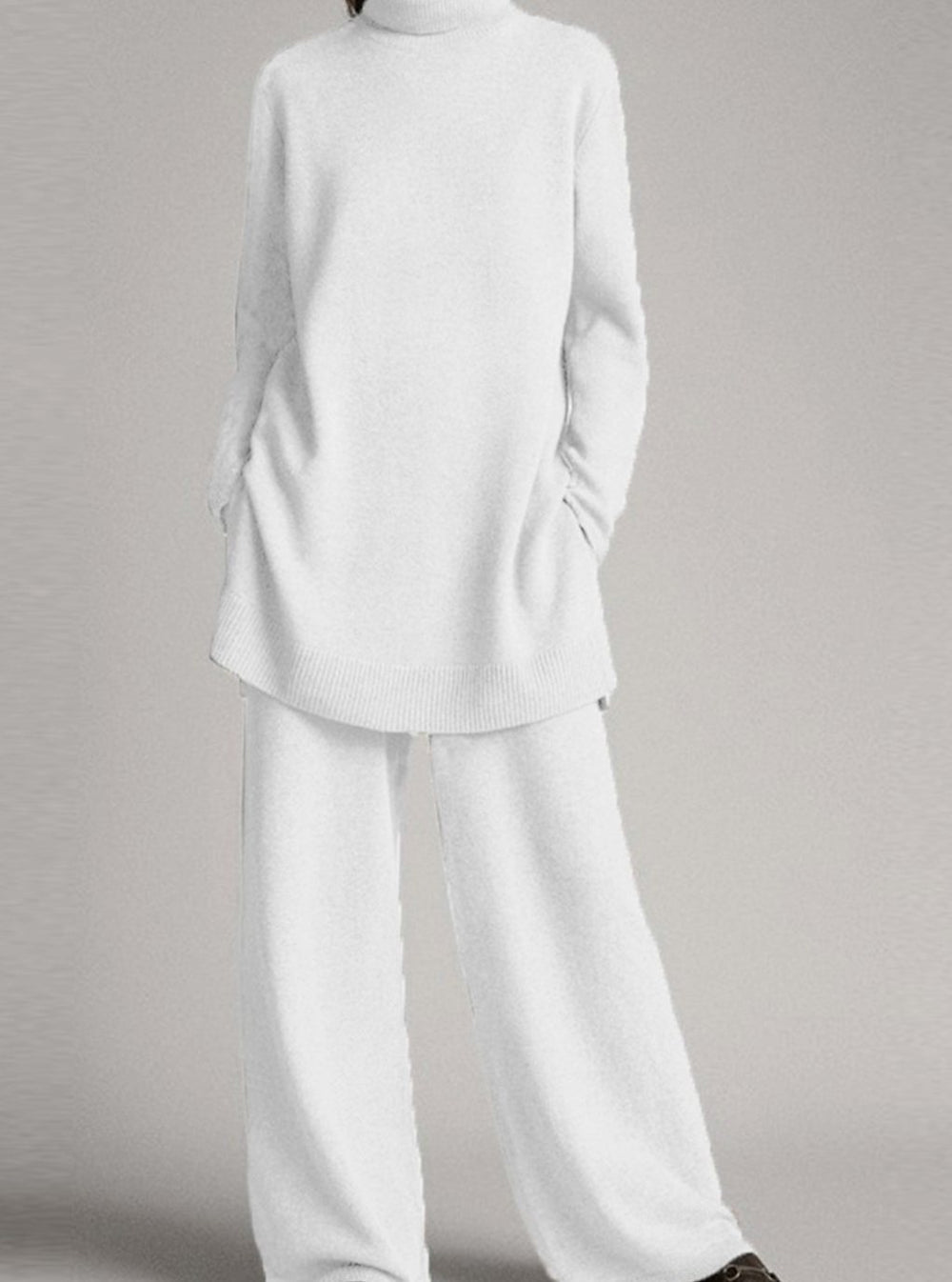 Damen Rollkragenpullover und Weitbein-Hosen-Set Oversized Strick-Zweiteiler - Weiß