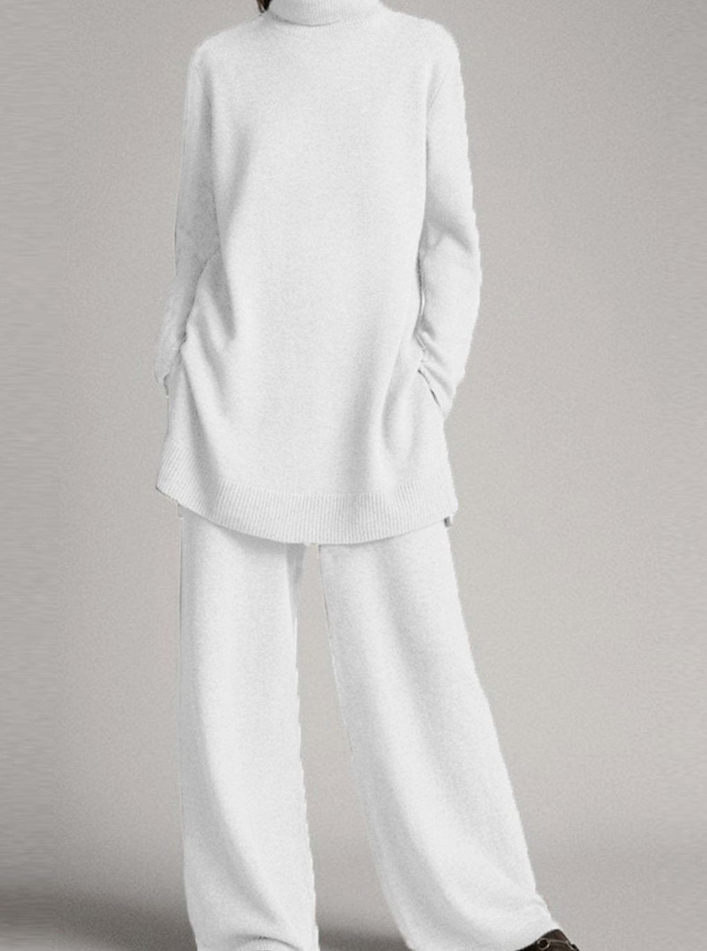 Damen Rollkragenpullover und Weitbein-Hosen-Set Oversized Strick-Zweiteiler - Weiß