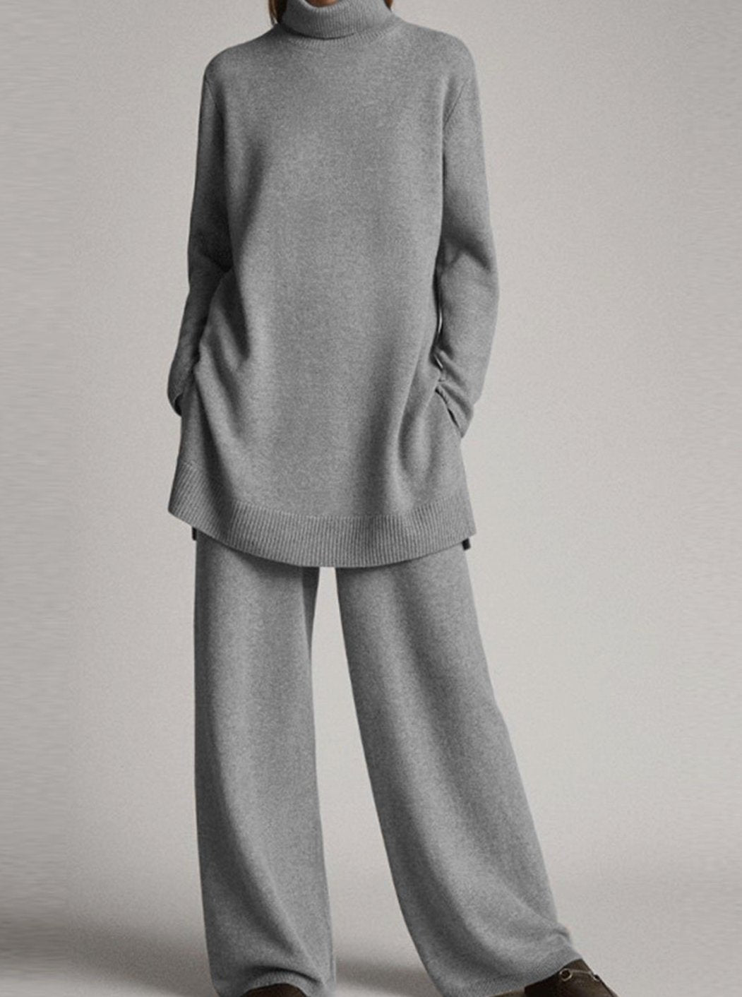 Damen Rollkragenpullover und Weitbein-Hosen-Set Oversized Strick-Zweiteiler - Grau