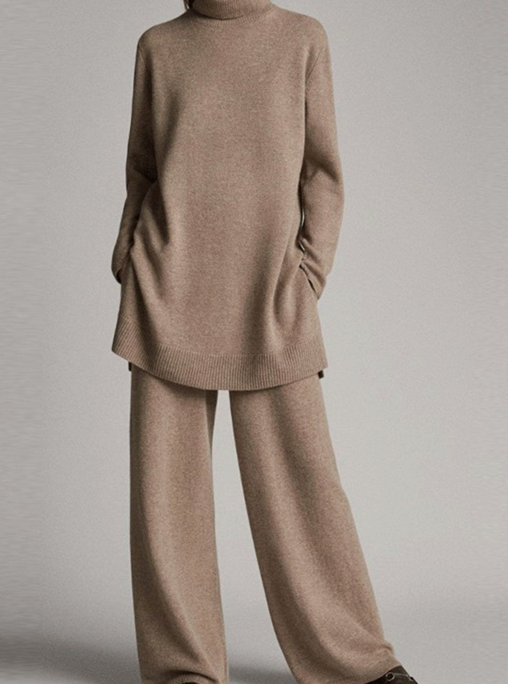 Damen Rollkragenpullover und Weitbein-Hosen-Set Oversized Strick-Zweiteiler - Beige