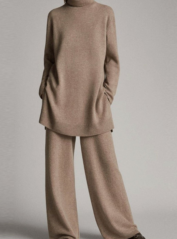 Damen Rollkragenpullover und Weitbein-Hosen-Set Oversized Strick-Zweiteiler - Beige
