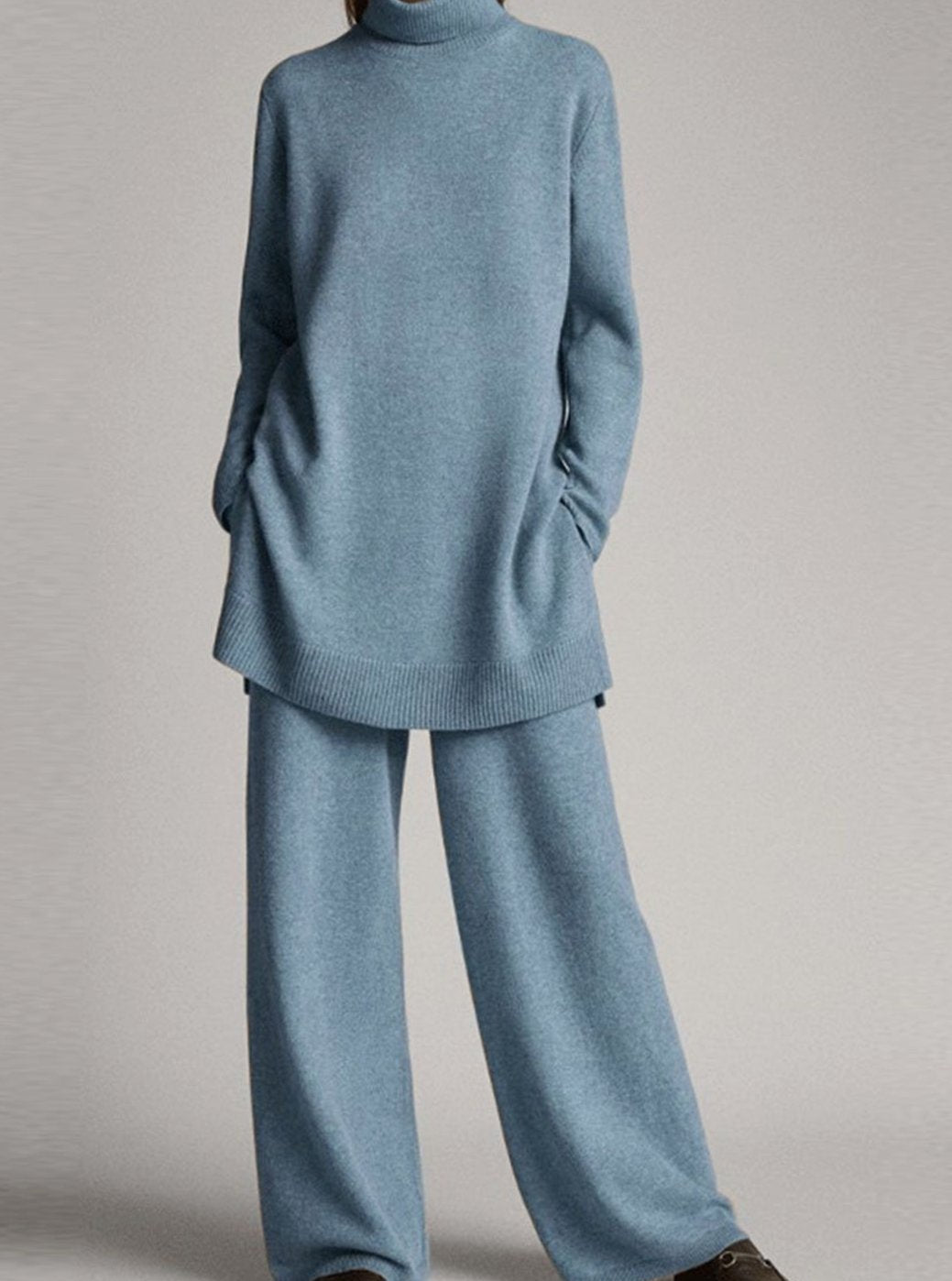 Damen Rollkragenpullover und Weitbein-Hosen-Set Oversized Strick-Zweiteiler - Blau