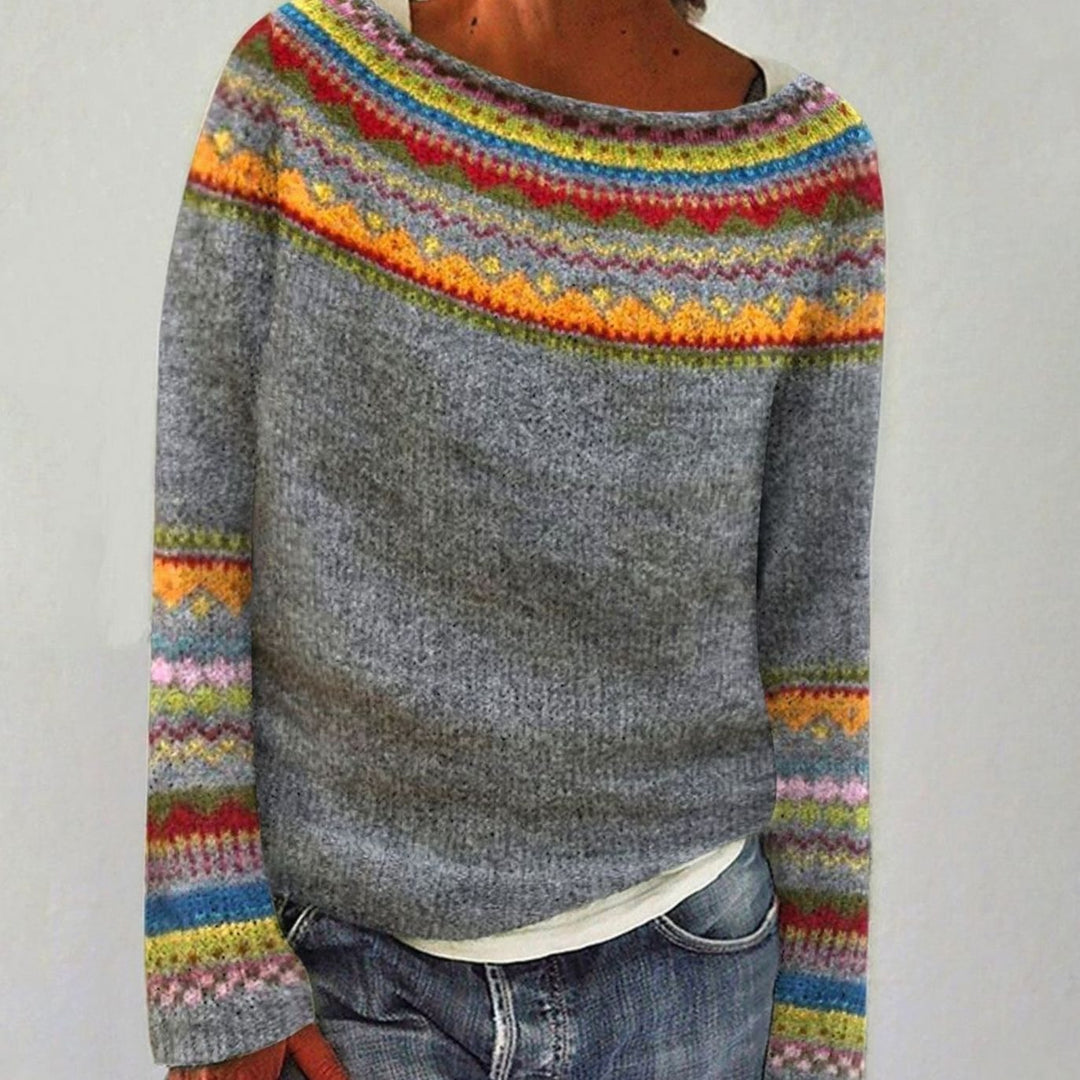 Damen Rundausschnitt Strickpullover für den Alltag mit buntem Ethno-Muster - Grau / Orange