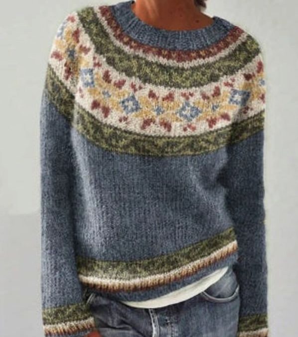 Damen Rundausschnitt Strickpullover für den Alltag mit buntem Ethno-Muster - Blau