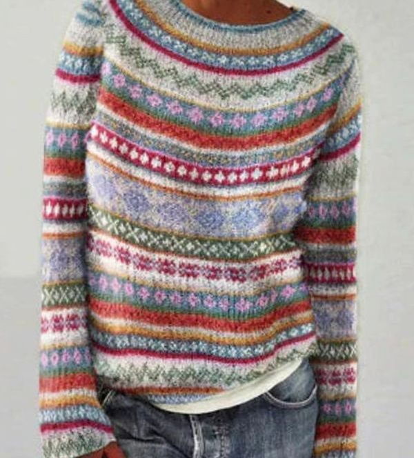 Damen Rundausschnitt Strickpullover für den Alltag mit buntem Ethno-Muster - Rot-Weiß-Orange