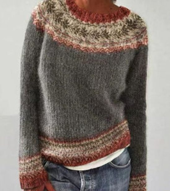 Damen Rundausschnitt Strickpullover für den Alltag mit buntem Ethno-Muster - Grauer Kranz