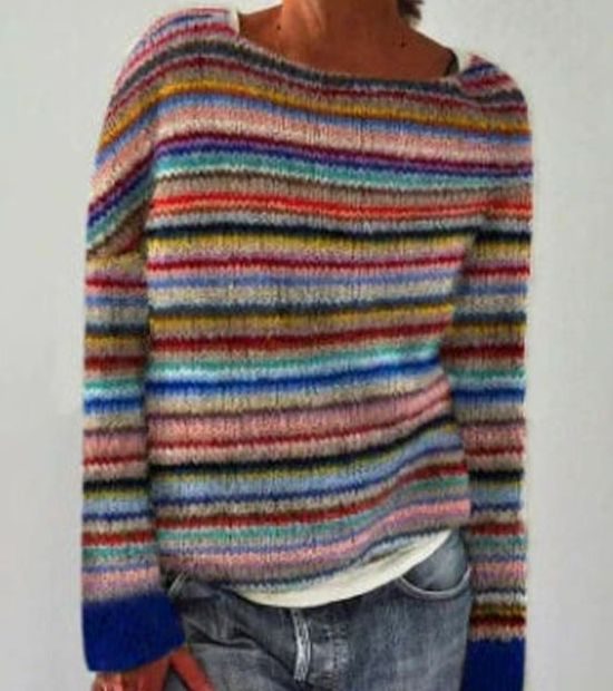 Damen Rundausschnitt Strickpullover für den Alltag mit buntem Ethno-Muster - Regenbogen