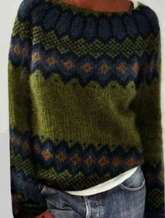 Damen Rundausschnitt Strickpullover für den Alltag mit buntem Ethno-Muster - Grün