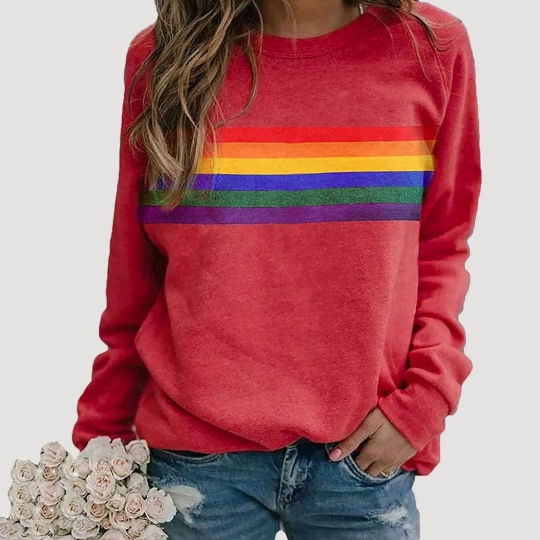 Damen Rundhals-Sweatshirt mit Regenbogenstreifen Langarm - Rot