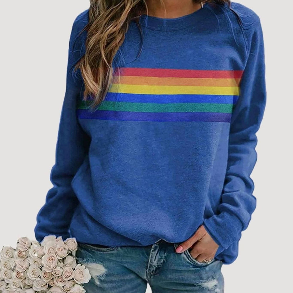 Damen Rundhals-Sweatshirt mit Regenbogenstreifen Langarm - Blau
