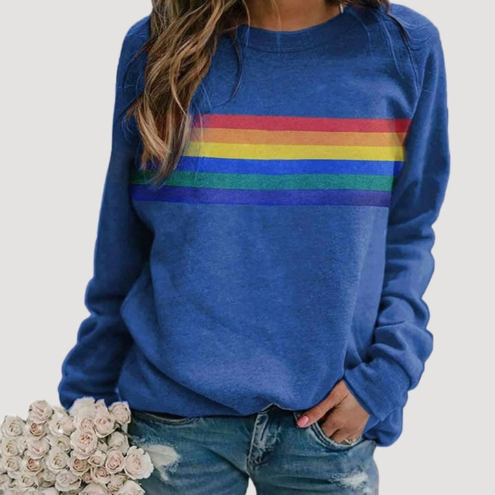 Damen Rundhals-Sweatshirt mit Regenbogenstreifen Langarm - Blau
