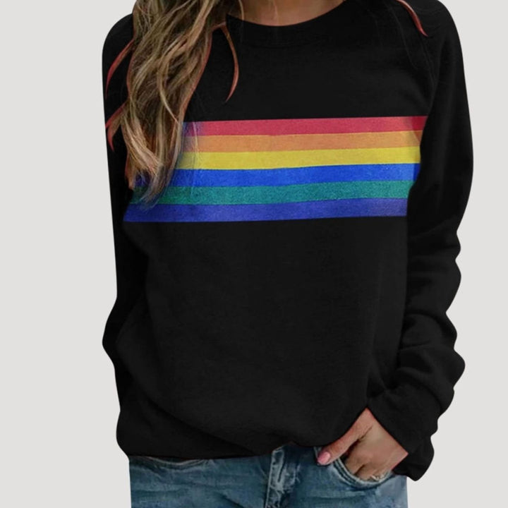 Damen Rundhals-Sweatshirt mit Regenbogenstreifen Langarm - Schwarz