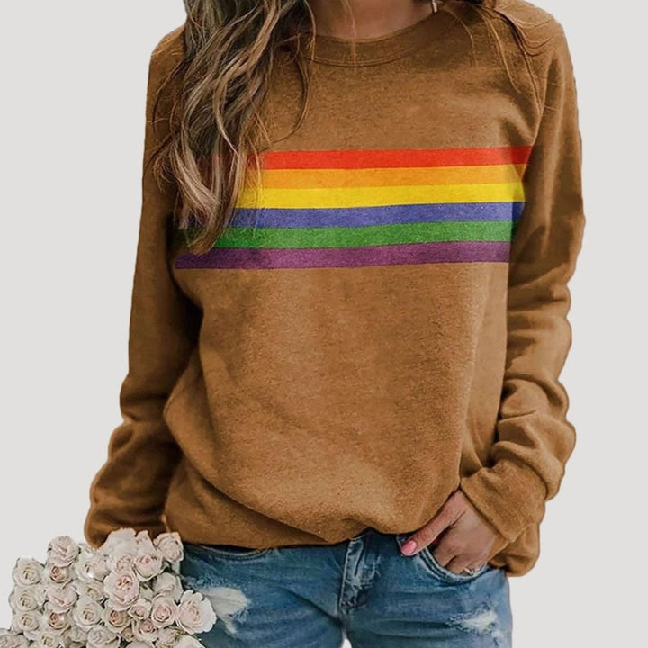 Damen Rundhals-Sweatshirt mit Regenbogenstreifen Langarm - Braun