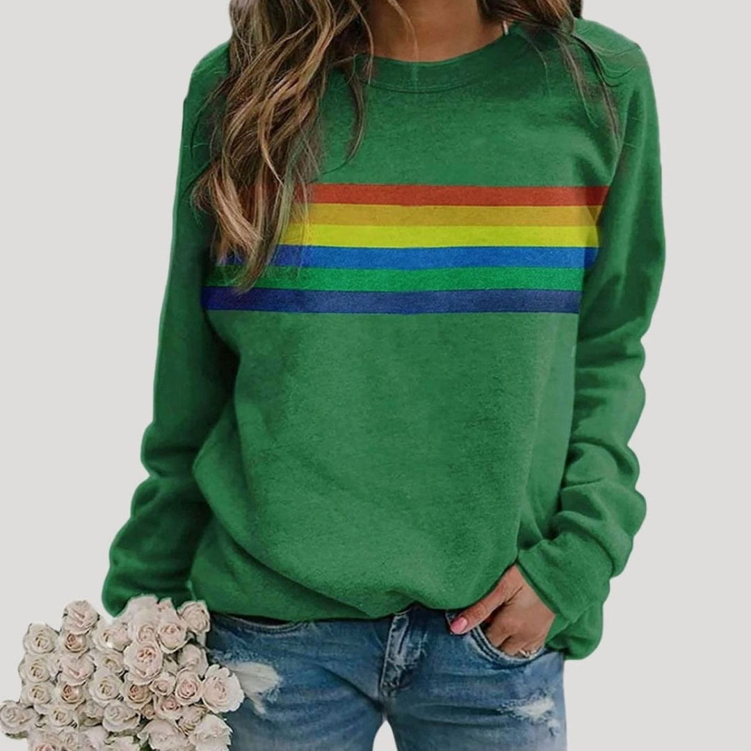 Damen Rundhals-Sweatshirt mit Regenbogenstreifen Langarm - Grün