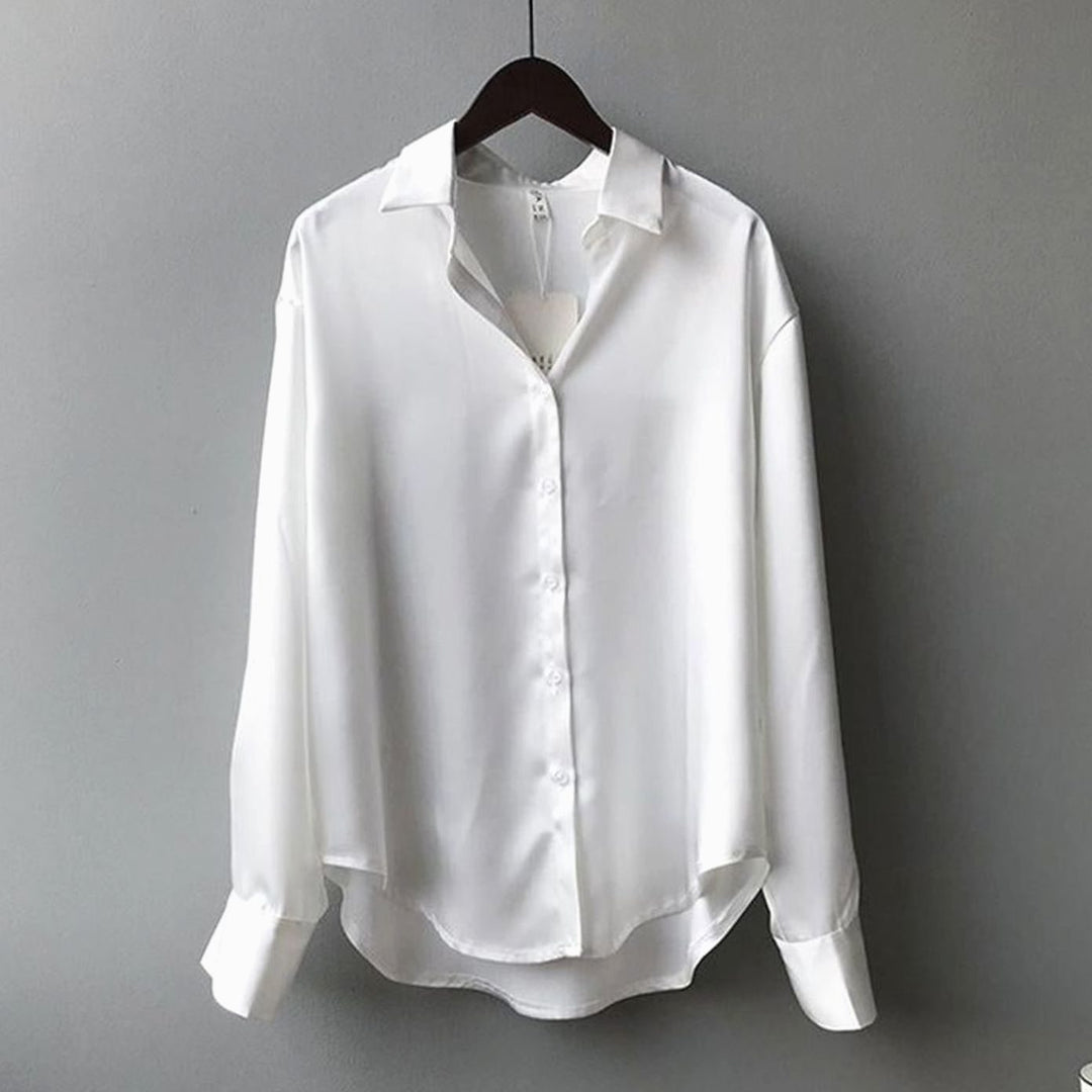 Damen Satin-Bluse mit Knopfleiste im eleganten fr Stil - Weiß