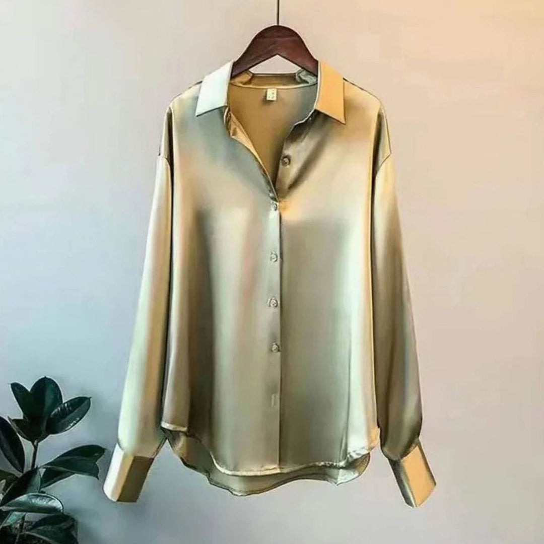 Damen Satin-Bluse mit Knopfleiste im eleganten fr Stil - Grün