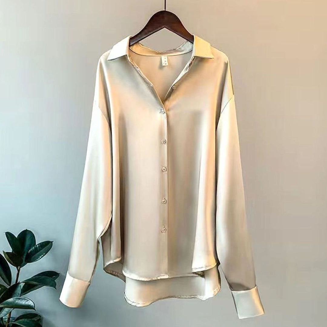 Damen Satin-Bluse mit Knopfleiste im eleganten fr Stil - Beige
