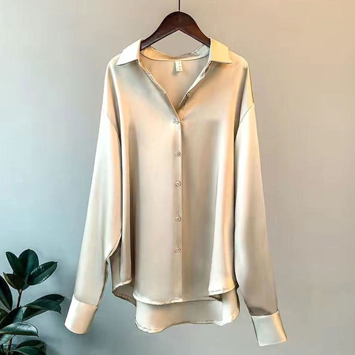 Damen Satin-Bluse mit Knopfleiste im eleganten fr Stil - Beige