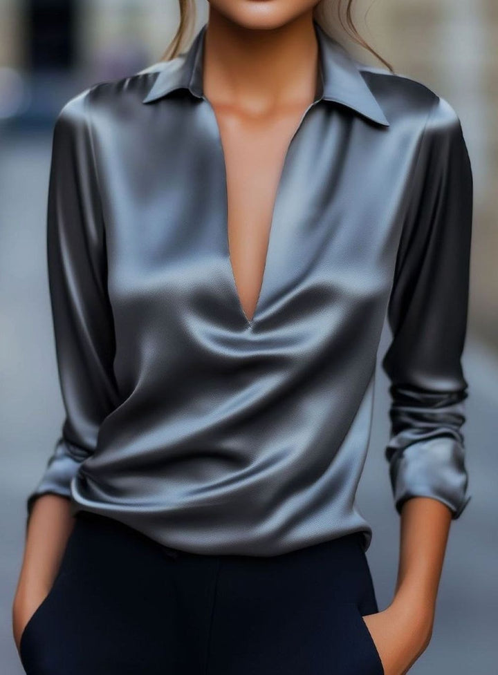 Damen Satin-Bluse mit V-Ausschnitt Langarm eleganter Hemdkragen - Silber