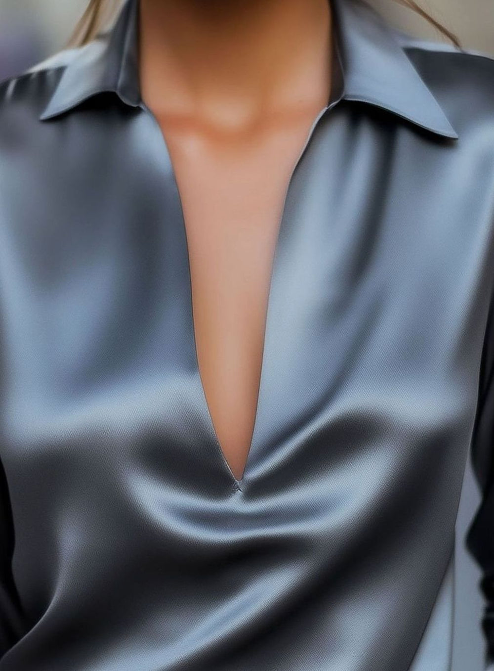 Damen Satin-Bluse mit V-Ausschnitt Langarm eleganter Hemdkragen