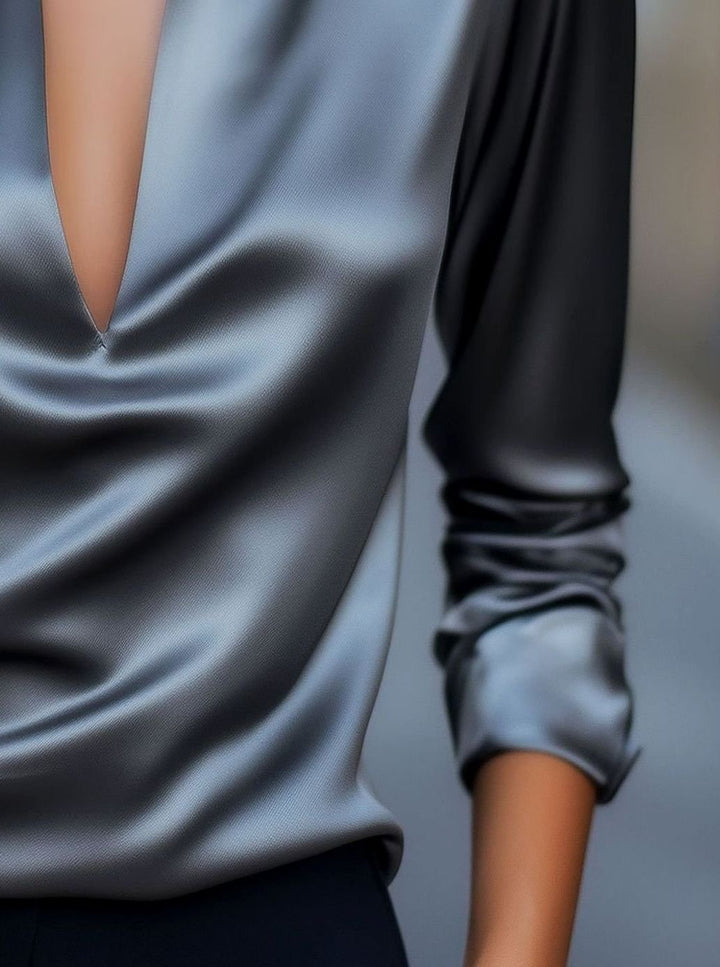 Damen Satin-Bluse mit V-Ausschnitt Langarm eleganter Hemdkragen