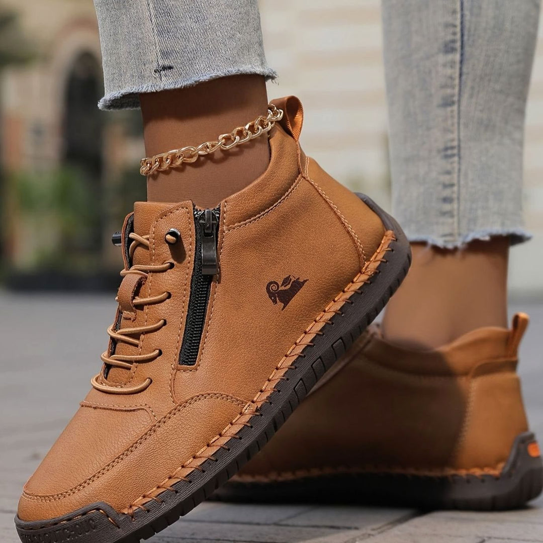 Damen Schnürschuhe mit Reißverschluss Bequeme Alltags-Ankle-Boots - Olivbraun
