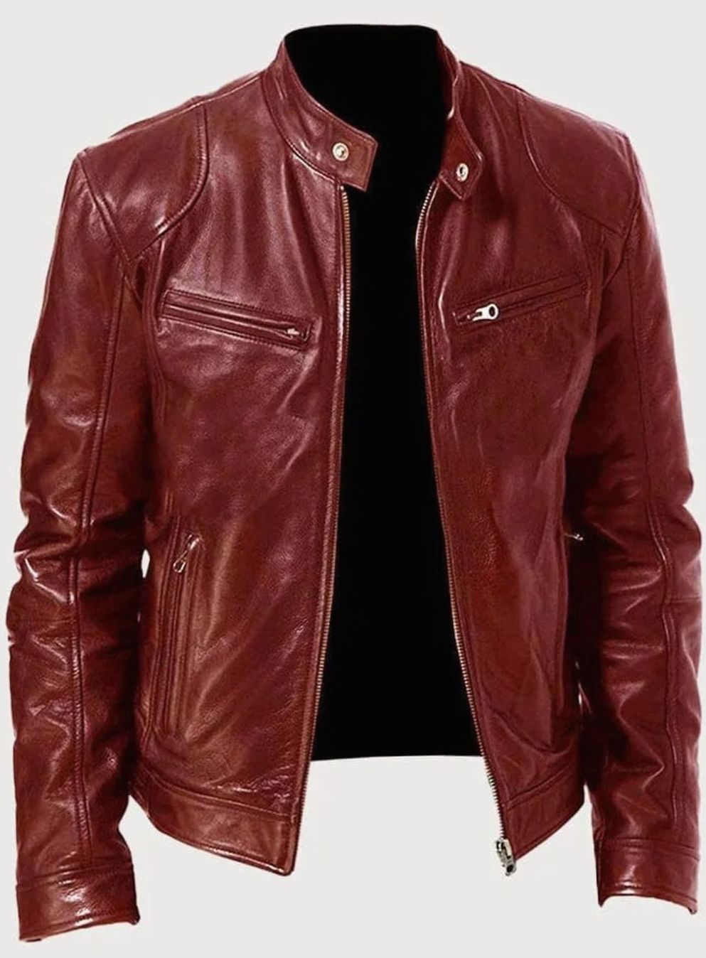Damen Slim-Fit Moto Lederjacke mit Reißverschluss Streetwear - Rot